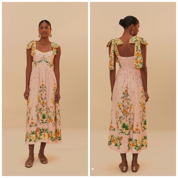 FARM Rio Dresses & Skirts - FARM Rio Pink Botanical Beauty Shoulder Bow Lace Up Midi Dress Floral XL